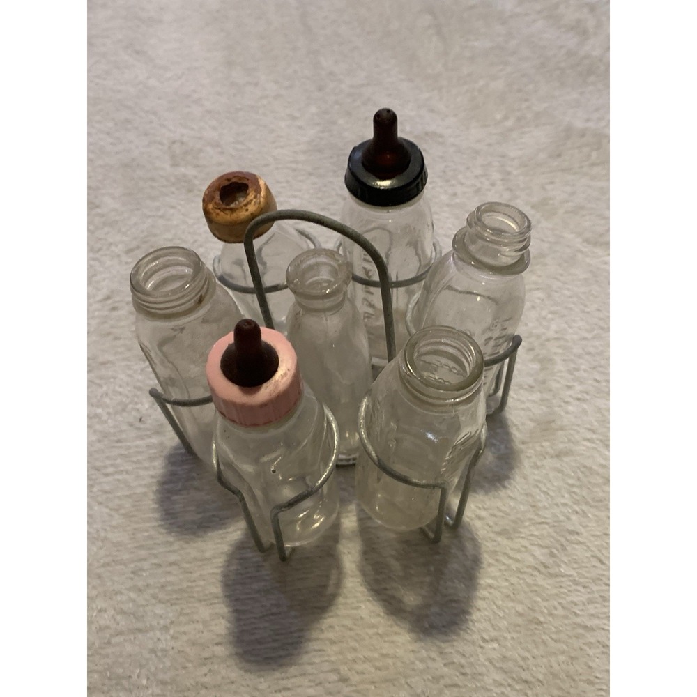 7  Vintage Doll Bottles Evenflo 2 W/ nipples &‎ Baby Bottle W/Metal Basket